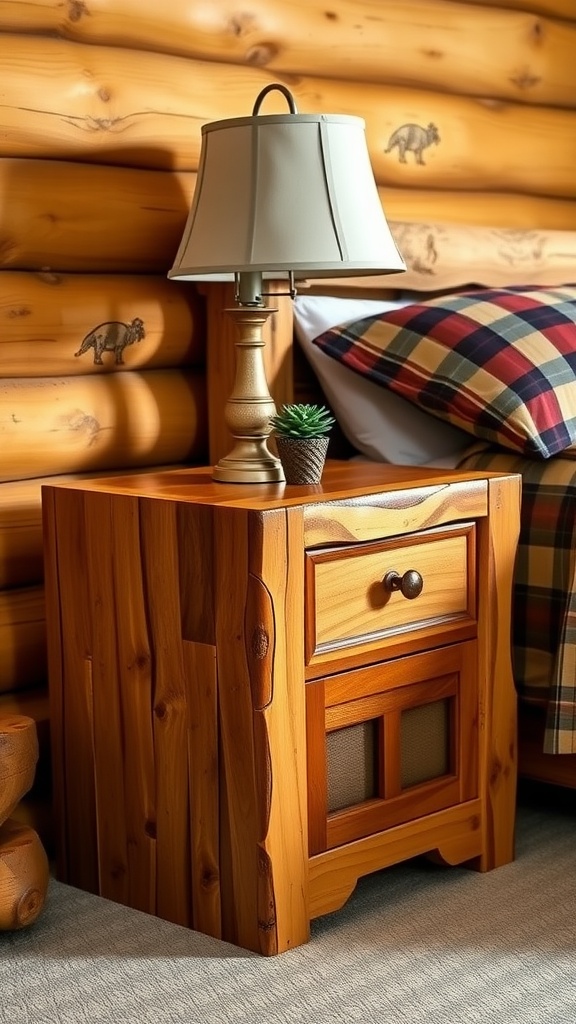 A rustic wooden nightstand with a drawer and cabinet, topped with a lamp and a small potted plant, sits beside a bed with plaid bedding in a log cabin-style room.
