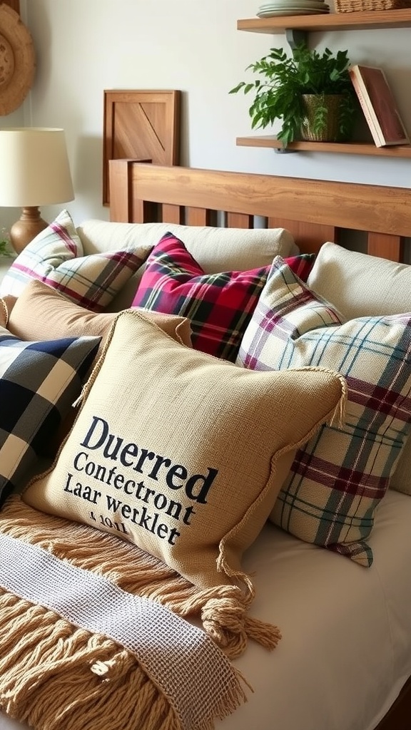 A cozy bed with multiple plaid and checked pillows, including one tan pillow with black text in a foreign language. A beige throw with tassels is draped at the foot of the bed, and shelves with decor and plants are in the background.