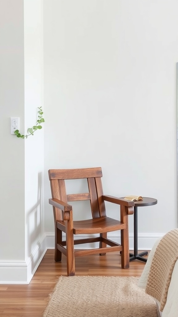 A wooden armchair sits in the corner next to a small round black side table with an open book. A vine grows up the wall, and natural light brightens the cozy, minimalist space with white walls and a woven rug.