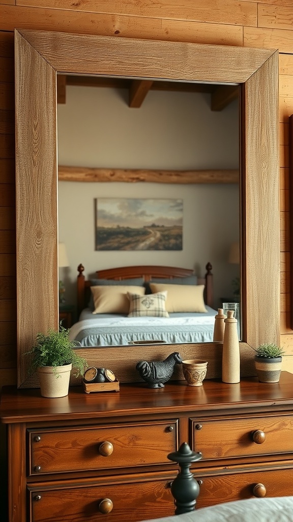 A large wooden-framed mirror reflects a cozy bedroom with a neatly made bed, landscape artwork above the headboard, and a wooden dresser decorated with small plants, pottery, and decorative items in the foreground.
