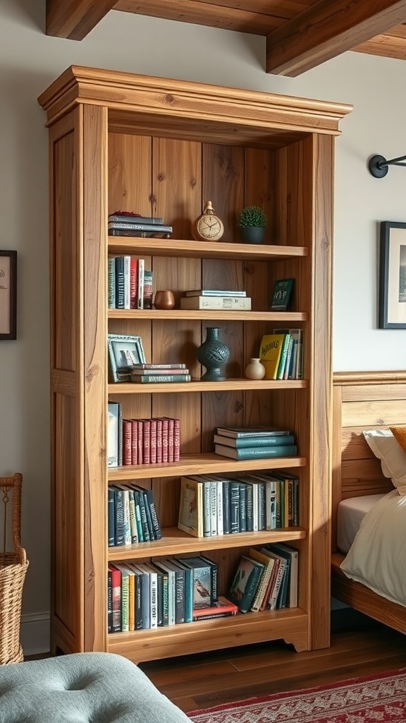 A tall wooden bookshelf filled with books, a clock, a small vase, and decorative items stands next to a bed in a cozy, well-lit bedroom with wooden accents.