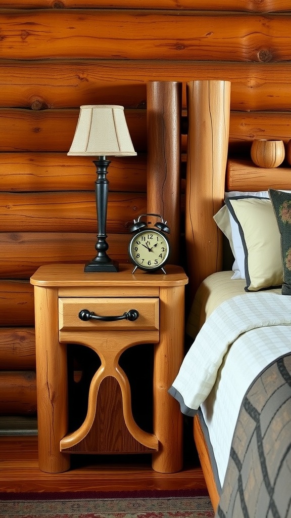 A wooden nightstand with a drawer and unique curved legs sits beside a bed in a log cabin. On the nightstand are a vintage alarm clock and a lamp with a beige shade. The bed has white sheets and patterned pillows.