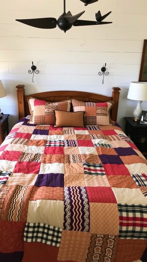 A neatly made bed with a colorful patchwork quilt, three pillows, and two bedside tables each with a lamp. The headboard is wooden, and a modern black ceiling fan hangs above the bed.