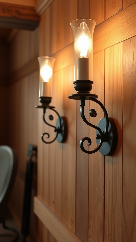 Two black metal wall sconces with glass shades and lit bulbs are mounted on a wooden paneled wall, casting a warm, soft light in the room.