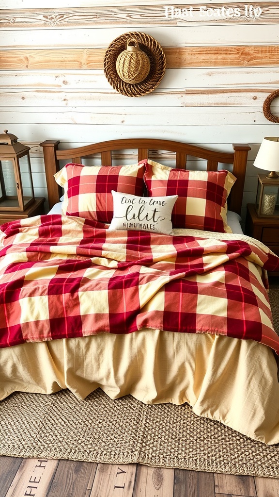 A cozy bed with red and cream plaid bedding and a decorative pillow that says And so the adventure begins, set against a wood-paneled wall with rustic decor and wicker accents.