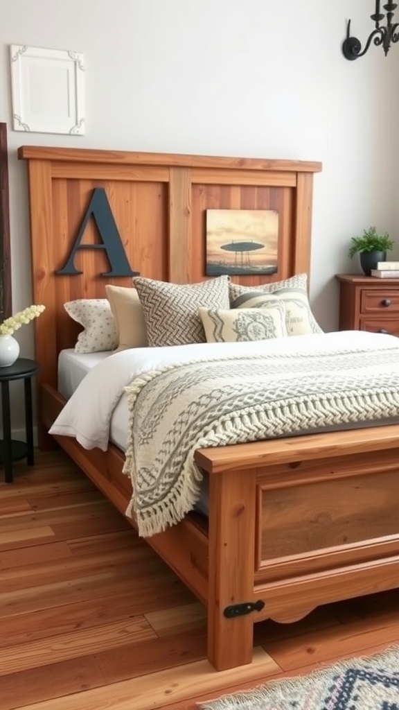 A cozy bedroom with a wooden bed frame, beige and white pillows, a knitted throw blanket, and neutral decor. The headboard displays a large letter A and a sunset painting. A plant and lamp sit on the bedside table.