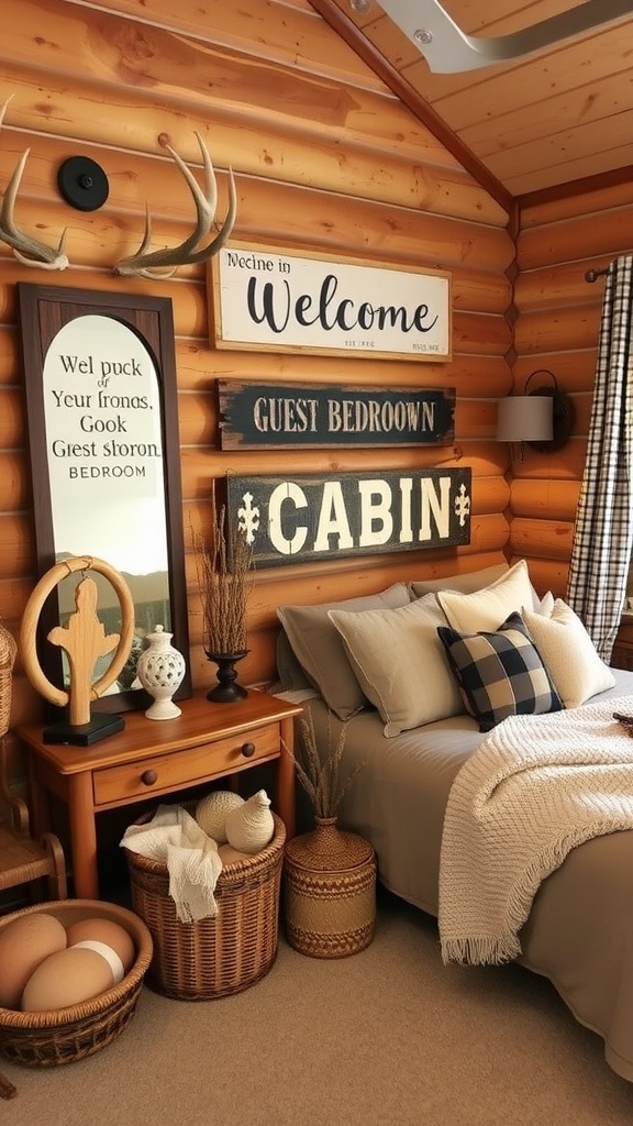 A cozy log cabin guest bedroom with rustic decor, plaid pillows, a wooden bed, woven baskets, antler wall decor, a nightstand with vases, and several welcoming signs on the wall.