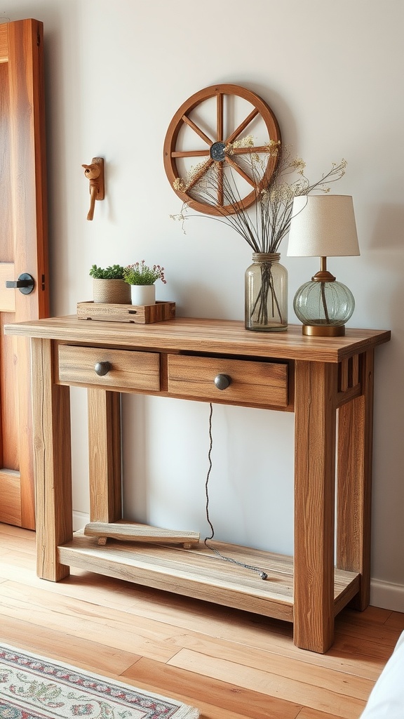 A wooden console table with two drawers and a lower shelf stands against a wall. On it are potted plants, a glass vase with dried flowers, and a lamp. A wagon wheel decor and a bear hook hang on the wall above.