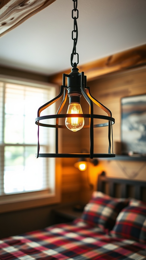 A rustic-style hanging light fixture with an exposed bulb is in focus, illuminating a cozy bedroom with plaid bedding, wooden walls, and a window letting in natural light.
