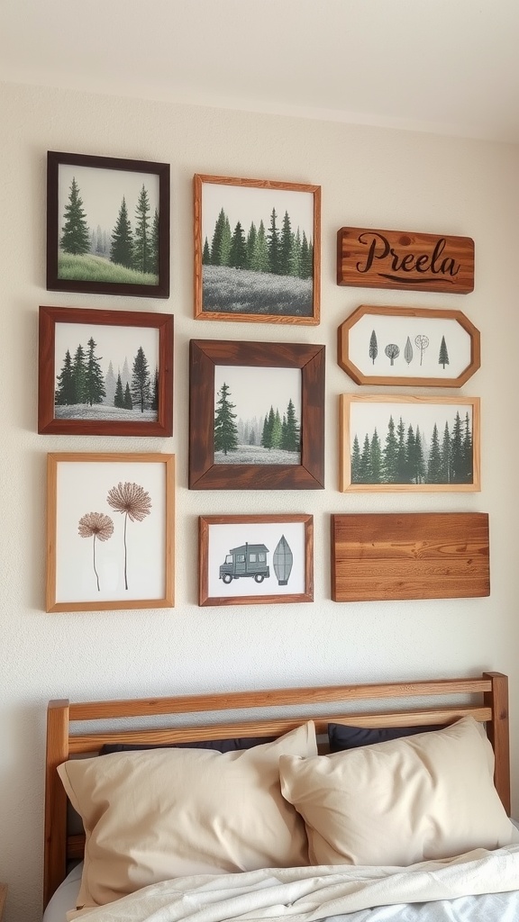 A gallery wall above a bed displays framed art featuring pine trees, minimalist tree line drawings, dandelions, a car with a surfboard, and a wooden sign that reads Preela. The bedding is beige and cream.