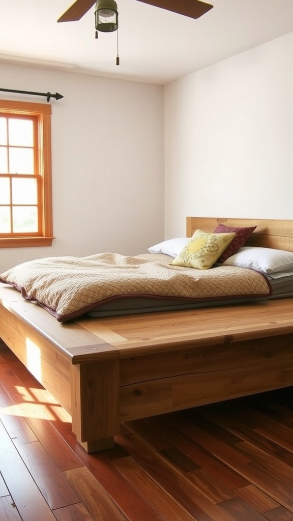 A cozy bedroom with a wooden bed frame, beige bedding, and decorative pillows. Sunlight streams through a window with wooden trim, illuminating the polished wood floor. A ceiling fan hangs above.