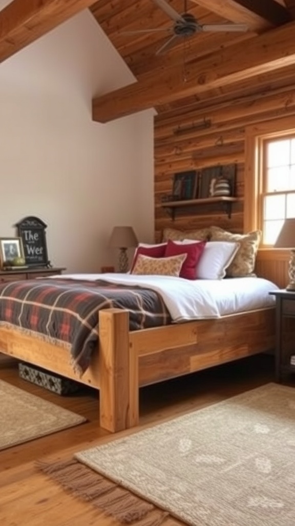 A cozy rustic bedroom with a wooden bed, plaid blanket, red and beige pillows, a bedside table with a lamp, bookshelves, and wooden ceiling beams. Sunlight streams in through a window beside the bed.