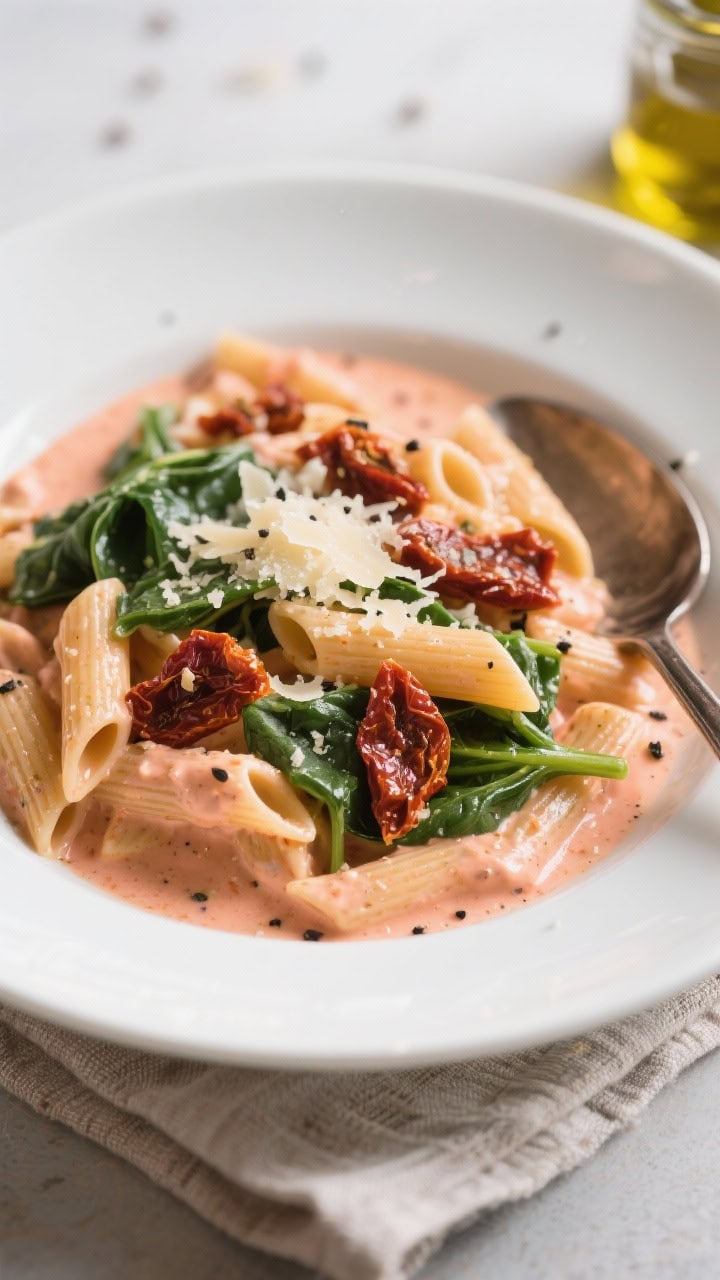 45-degree angle close-up of creamy sun-dried tomato pasta (penne) swirled in a shallow white bowl, silky heavy cream sauce tinted coral from chopped sun-dried tomatoes, wilted spinach ribbons throughout, gloss of olive oil from the jar, shower of finely grated Parmesan and cracked black pepper, with a spoon resting on a linen napkin.