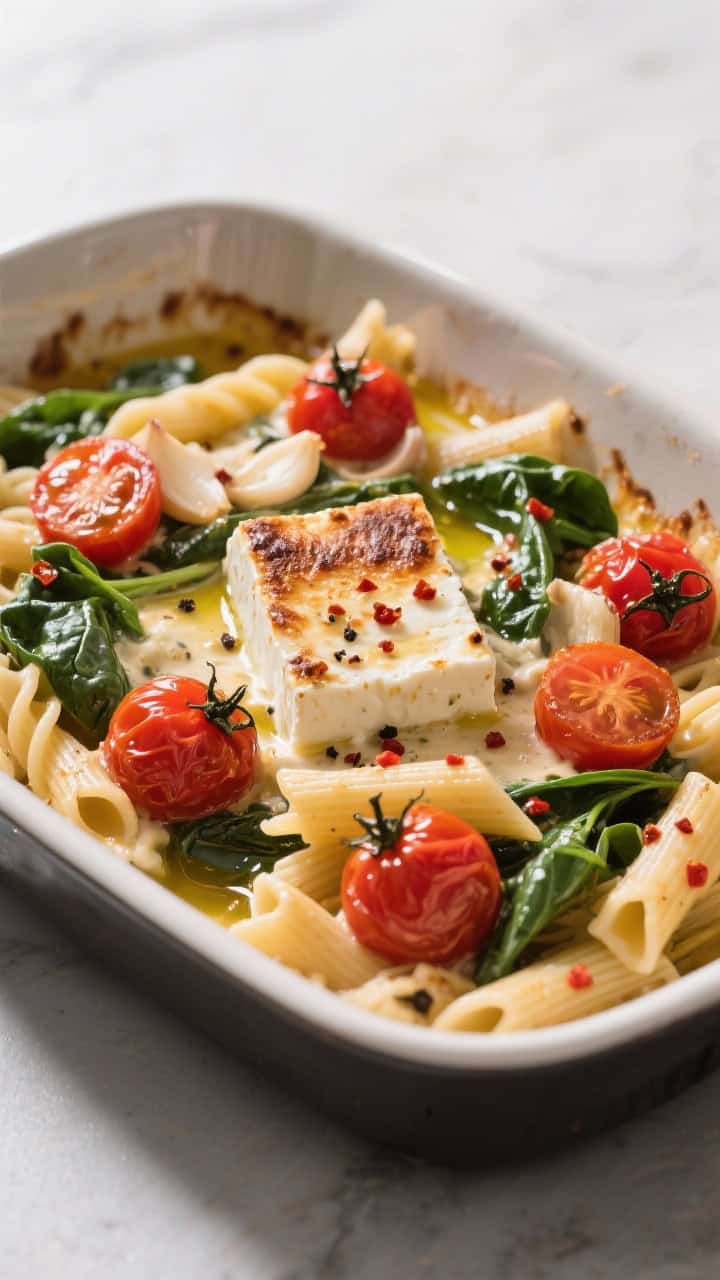 45-degree angle of baked feta and cherry tomato pasta: burst cherry tomatoes and a softened, browned-edged feta block mashed into a creamy sauce, garlic and red pepper flakes distributed, tossed with short pasta; baby spinach just wilted through; glossy olive oil pooling, black pepper flecks, served in a wide roasting dish.