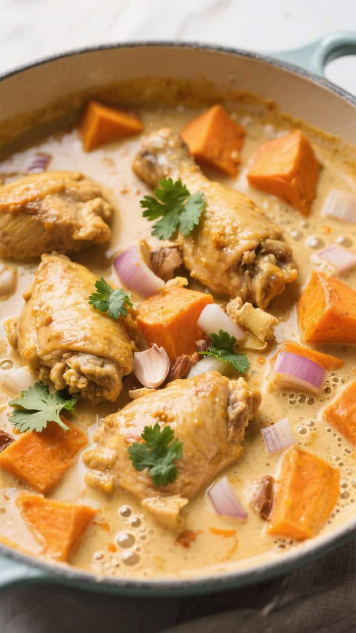 45-degree simmering pot of quick coconut curry: tender chicken thigh pieces and chunky sweet potatoes in a creamy coconut milk base, stained golden-orange with curry aromatics; diced onion, minced garlic, and grated ginger visible; gentle bubbles at the surface, cilantro garnish optional, served in a shallow saucepan.