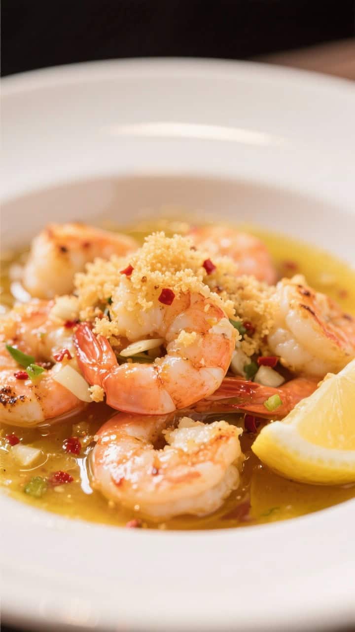 Close-up action shot of garlicky shrimp scampi in a glossy butter-wine sauce: plump pink shrimp with light char, minced garlic and red pepper flakes shimmering in melted butter and olive oil; golden buttered breadcrumbs sprinkled over top; lemon wedge off to the side, captured with shallow depth of field for shine and sizzle.