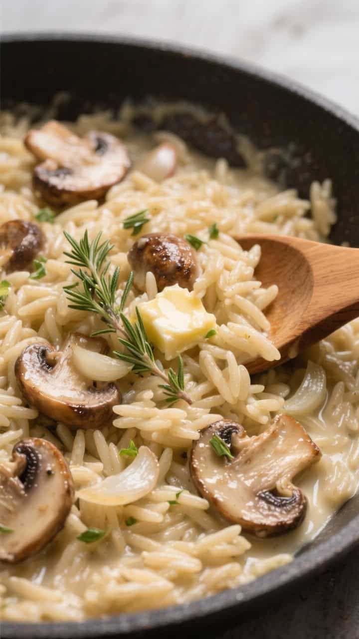 Close-up of creamy mushroom orzo with thyme: silky orzo coated in a light, glossy sauce, sautéed cremini slices browned at the edges, minced shallot and garlic aroma implied, fresh thyme leaves scattered; butter and olive oil sheen visible; served in a shallow skillet with a wooden spoon.