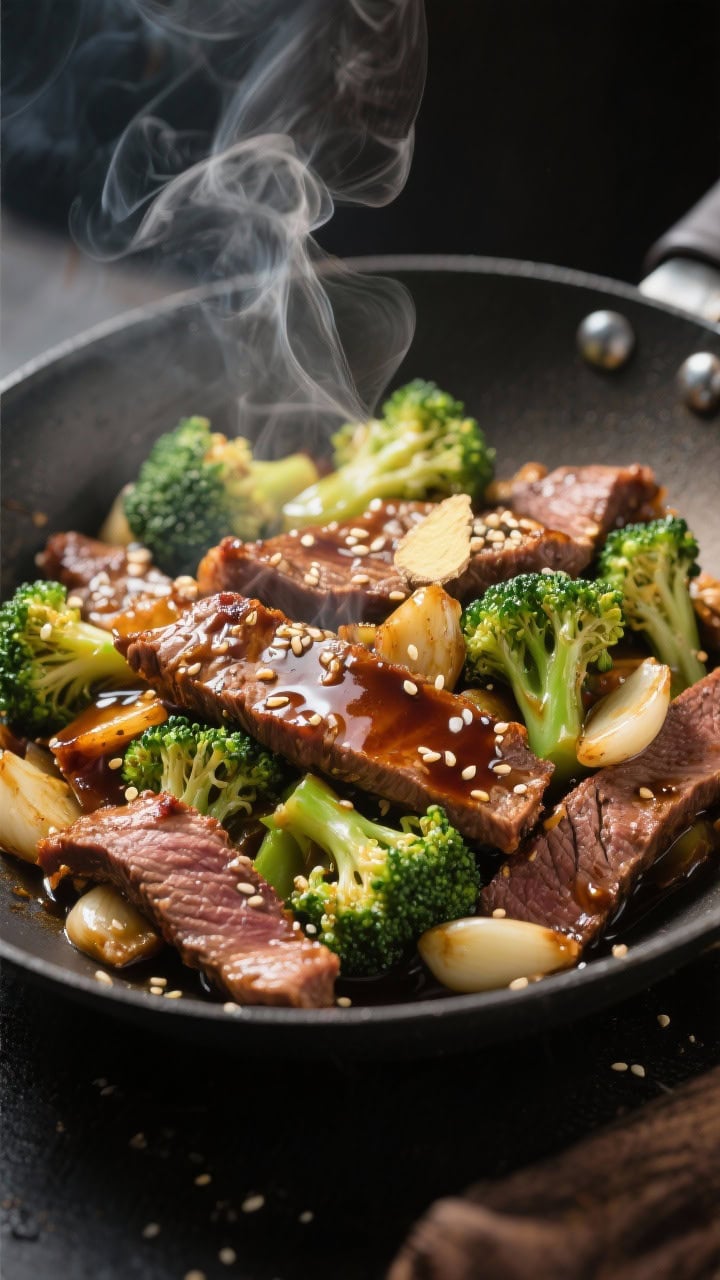 Dynamic 45-degree stir-fry shot: thinly sliced flank steak seared with caramelized edges, crisp-tender broccoli florets, garlic, and grated ginger tossed in a glossy soy- and oyster-sauce glaze; steam curling up from a carbon-steel skillet, light catching the saucy sheen, scattered sesame seeds optional.