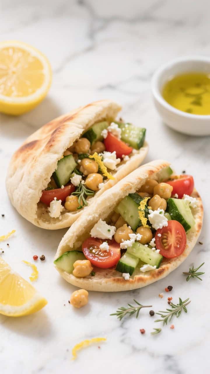 Overhead assembly of lemony chickpea and cucumber pitas: warm pita halves stuffed with zesty chickpeas (olive oil, lemon zest and juice, oregano, cumin), diced cucumber, cherry tomato halves, and crumbles of feta; salt and pepper sprinkled on top; bright, fresh look on a marble surface with a small bowl of dressing.