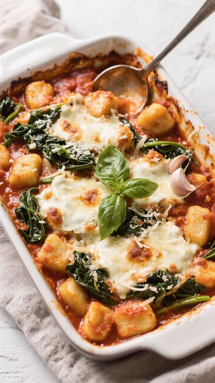 Overhead casserole of cheesy baked gnocchi: pillowy gnocchi baked in bubbling marinara thinned with a touch of broth, ribbons of wilted baby spinach throughout, mozzarella melted and slightly browned in spots with extra Parmesan gratings; minced garlic integrated into the sauce; served hot with a ladle and torn basil.