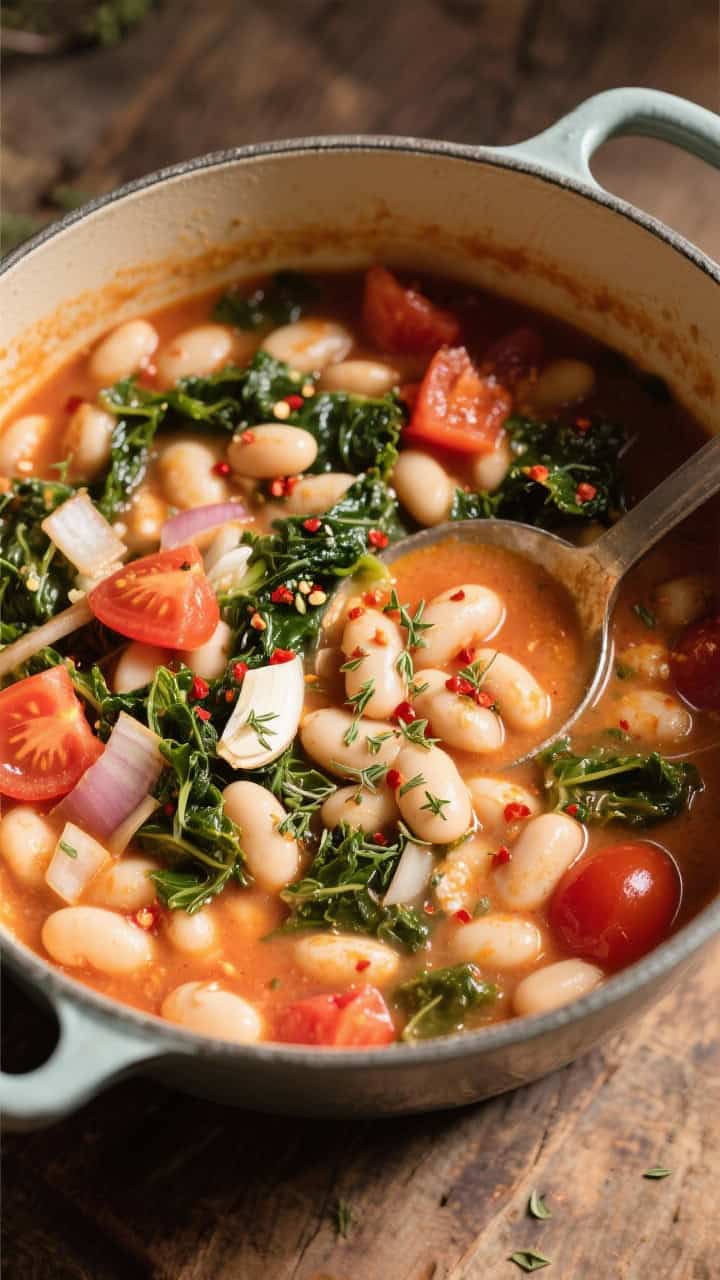 Overhead rustic pot shot of one-pot creamy Tuscan white beans: cannellini beans and chopped kale in a tomato-tinged broth, onions and minced garlic visible, oregano and red pepper flakes speckling the surface; diced tomatoes dispersed throughout; served in a Dutch oven with a ladle, warm, cozy mood.