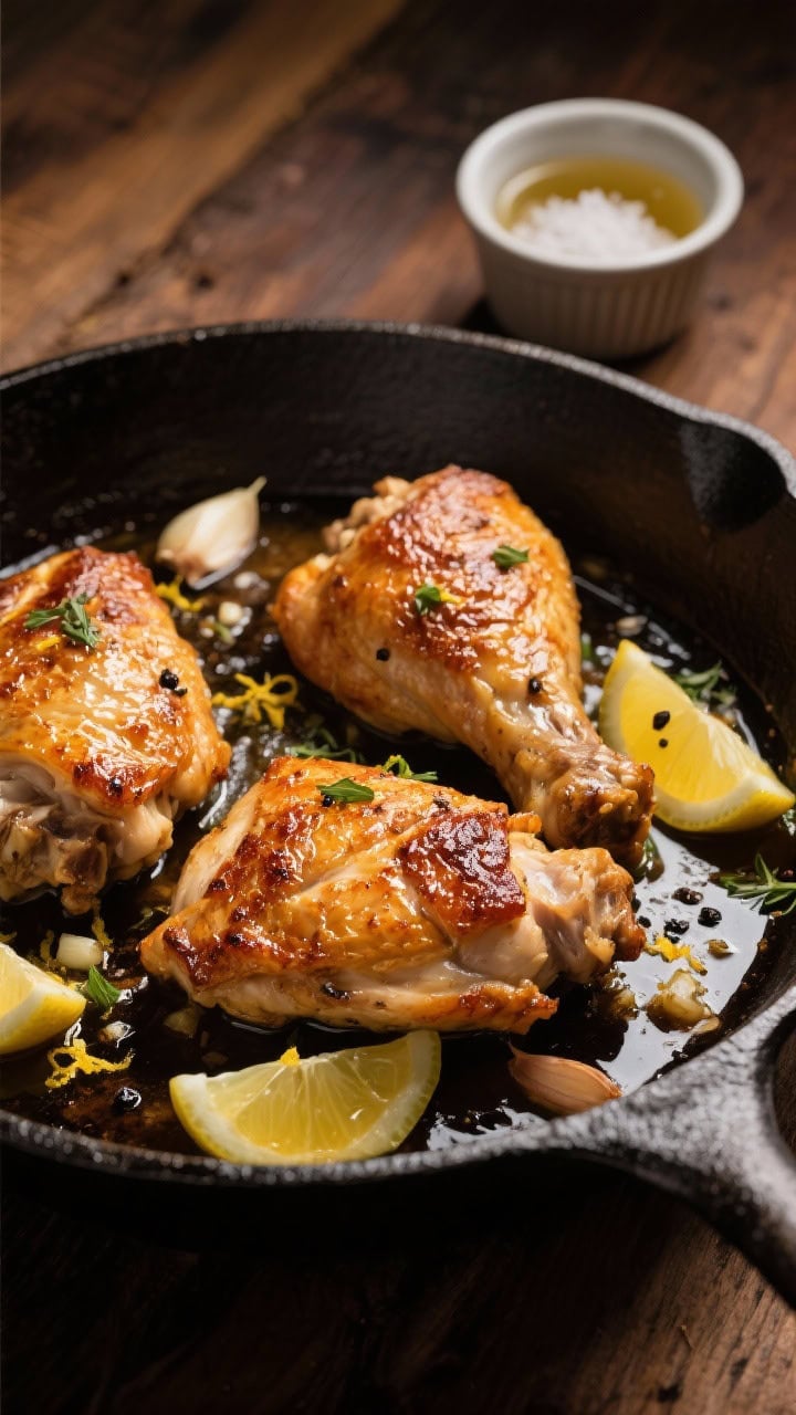 Overhead shot of crispy, golden-brown bone-in, skin-on chicken thighs in a cast-iron skillet, skin blistered and crackly, nestled in a glossy lemon-garlic herb pan sauce with visible minced garlic, lemon slices and zest, and flecks of black pepper; a small ramekin of chicken broth and a pinch bowl of kosher salt nearby on a warm wooden surface, moody side light to emphasize texture.