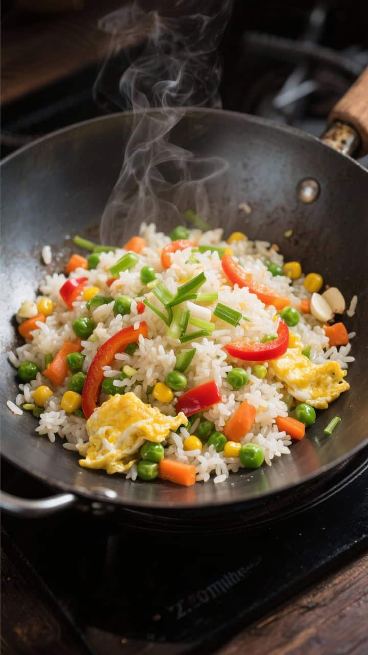Overhead wok shot of 20-minute veggie fried rice: distinct grains of cold cooked rice tossed with peas, carrots, corn, and red bell peppers, scrambled egg ribbons, sliced scallions, and minced garlic; a light sheen from neutral oil, steam wisps visible; served in a carbon-steel pan on a dark stove surface.