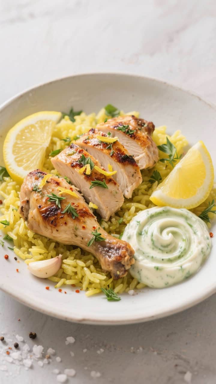 Plated bowl composition: herby Greek chicken thighs, grilled and sliced, arranged over bright lemon rice, with tzatziki swirled on the side; oregano, paprika, garlic notes visible as specks on the chicken; lemon zest and juice brightness shown with lemon wedges; sprinkled with fresh herbs, salt, and pepper, clean Mediterranean styling.