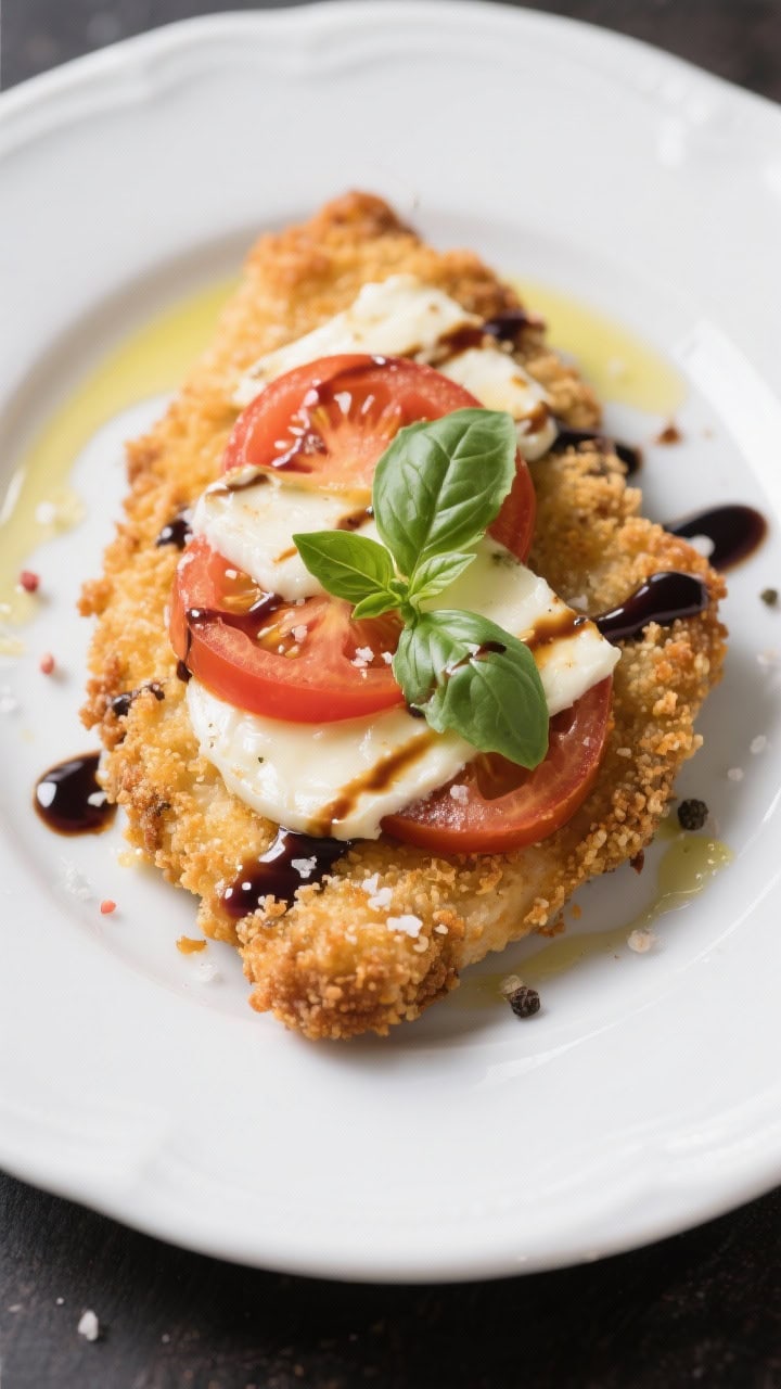 Straight-on plated caprese chicken cutlets: panko-Parmesan breaded cutlets golden and crisp, topped with melted mozzarella, juicy tomato slices, and fresh basil leaves; glossy balsamic drizzle across the top; flaky salt and pepper visible; arranged on a white plate with a light olive oil sheen.