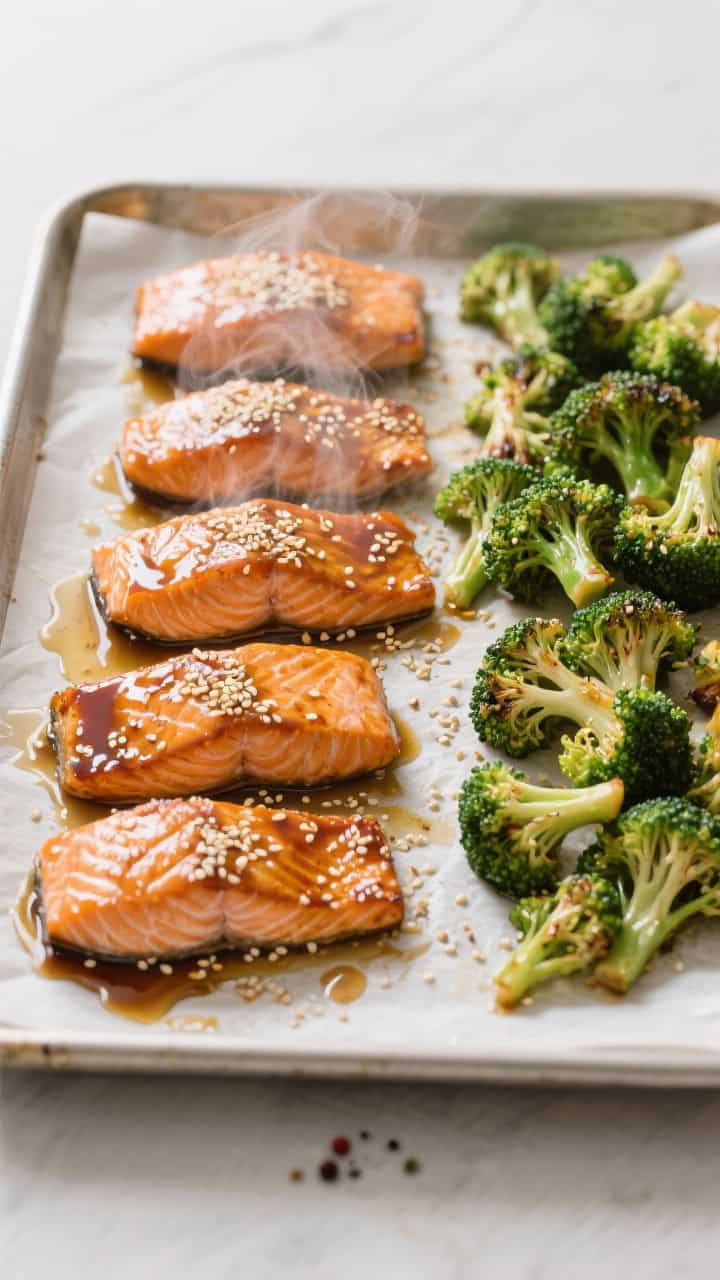Straight-on sheet-pan scene: four lacquered honey-soy salmon fillets with caramelized edges alongside vibrant sesame-oil-tossed broccoli florets, sprinkled with sesame seeds; visible glaze drips of soy sauce, honey, and rice vinegar pooling on the pan; light steam rising, salt and pepper flakes evident, set on a parchment-lined tray with a minimal backdrop.