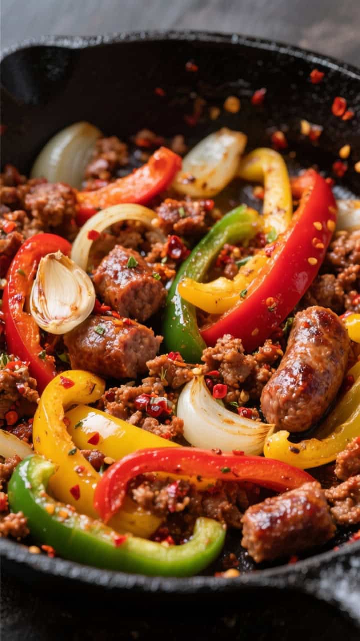 Straight-on skillet scene of spicy sausage and peppers: crumbles of hot Italian sausage browned and glistening, ribbons of red, yellow, and green bell peppers and sliced onions softened and slightly charred, garlic slices visible; Italian seasoning and red pepper flakes speckled; vivid colors against a black cast-iron pan.
