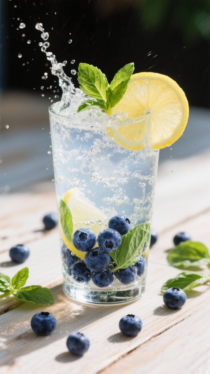 A 45-degree action shot of sparkling blueberry basil lemonade: muddled blueberries and basil at the base of a Collins glass, fresh lemon juice and simple syrup added, then sparkling water fizzing up; garnished with a lemon wheel and basil sprig, scattered fresh blueberries and basil leaves on a light wooden table, crisp summer sparkle.