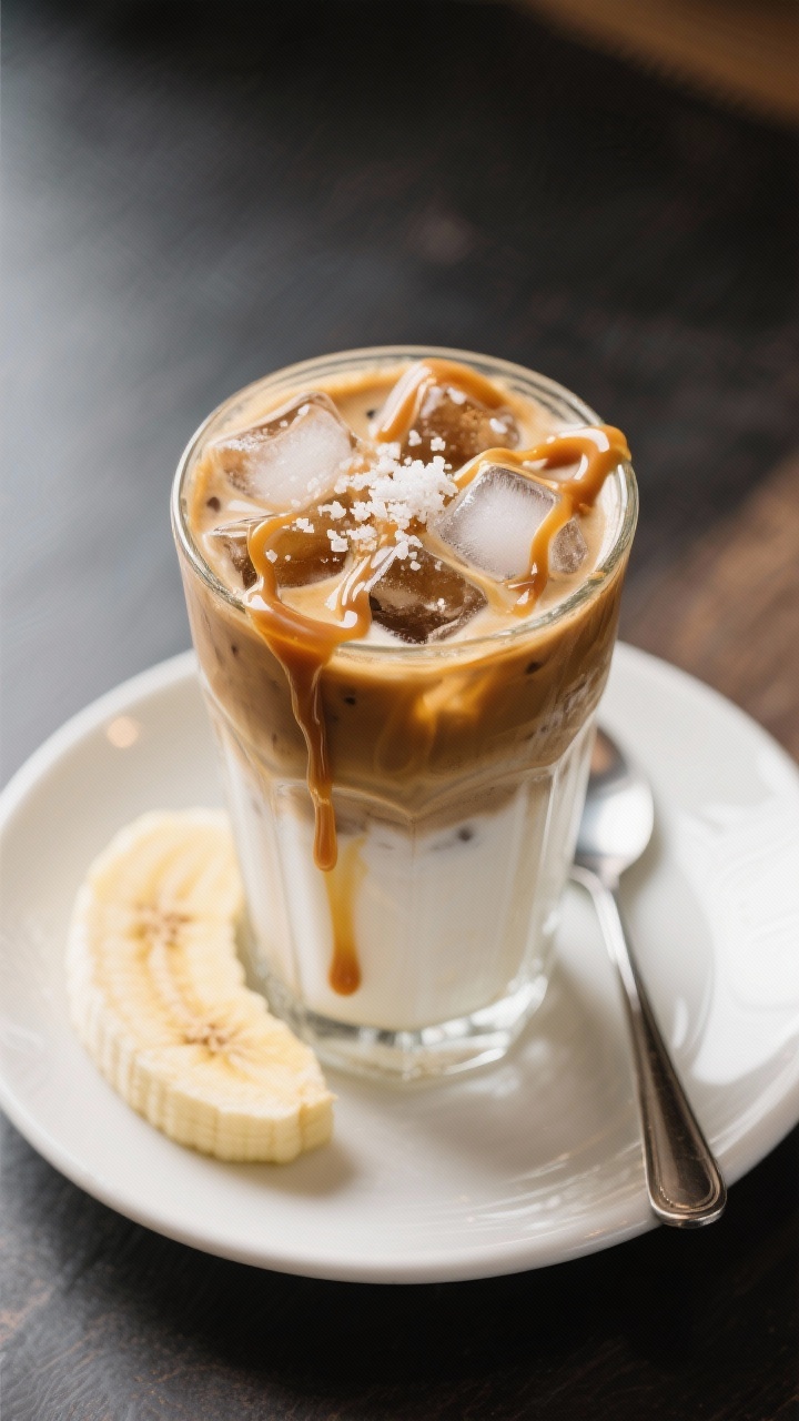 A 45-degree cafe-style portrait of a salted caramel banana iced latte: espresso blended with frozen banana chunks and milk for a frosty texture, caramel sauce drizzled inside the glass, finished with a light sprinkle of flaky sea salt on top; optional ice cubes visible, caramel ribboned spoon and banana slice on a saucer.