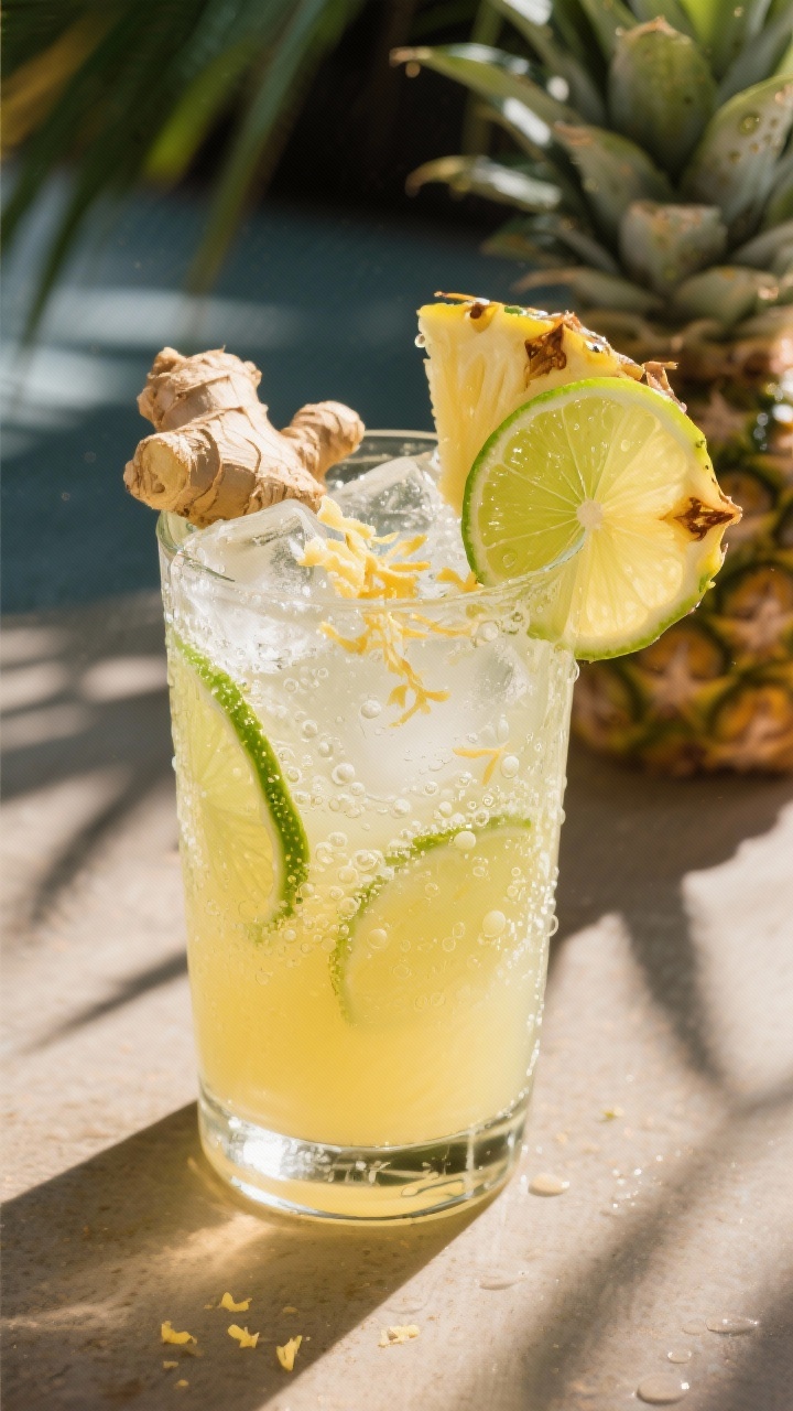 A bright 45-degree shot of a pineapple ginger fizz in a highball: chilled pineapple juice and fresh lime juice topped with lively bubbles from club soda or ginger beer, threads of grated fresh ginger visible, ice stacked high; garnished with a pineapple wedge and thin lime wheel, condensation beads on glass, tropical sunlight and palm-shadow backdrop.
