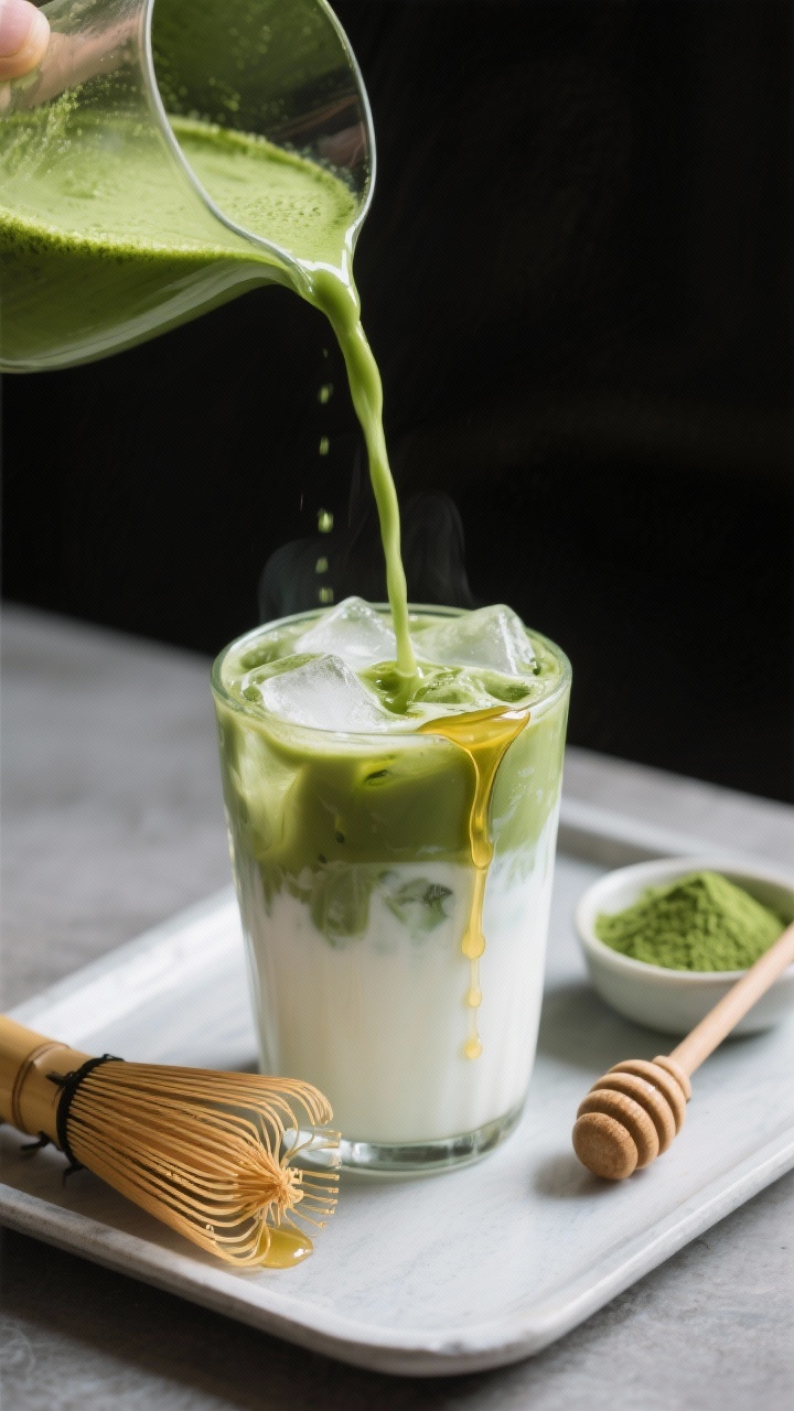 A close-up, 45-degree angle of an iced matcha honey latte being poured: vibrant whisked matcha (made with hot water) streaming into a glass of cold milk over ice, thin ribbons of honey clinging to the glass, subtle foam on top; set on a minimalist tray with a bamboo whisk, small honey dipper, and a tiny bowl of matcha powder, cool cafe vibes.