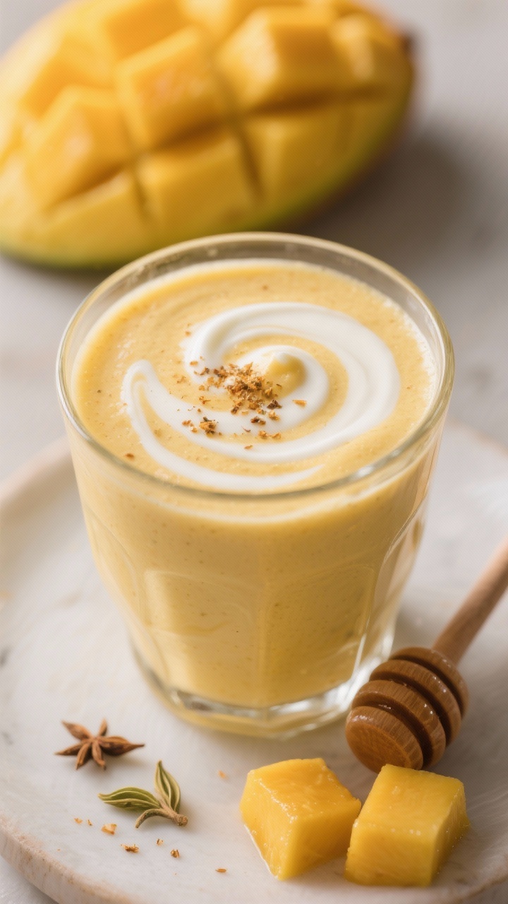 A close-up smoothie portrait of a mango lassi: thick, silky blend of ripe mango chunks, plain yogurt, milk, a touch of honey, and a pinch of cardamom poured into a chilled glass; creamy swirls on the surface, light dusting of cardamom, mango cubes and a honey dipper beside, soft golden glow suggesting soothing comfort.