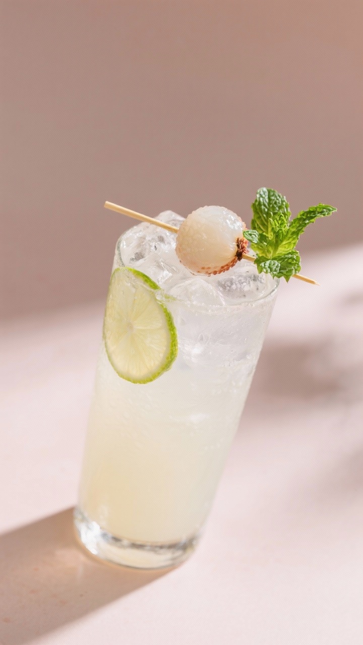A dreamy 45-degree shot of a coconut lychee cooler: pale, milky drink in a tall glass made with lychee juice, light coconut milk, and a splash of lime, served over clinking ice; garnished with a skewered lychee fruit and a fresh mint sprig, subtle condensation, soft tropical pastel backdrop.