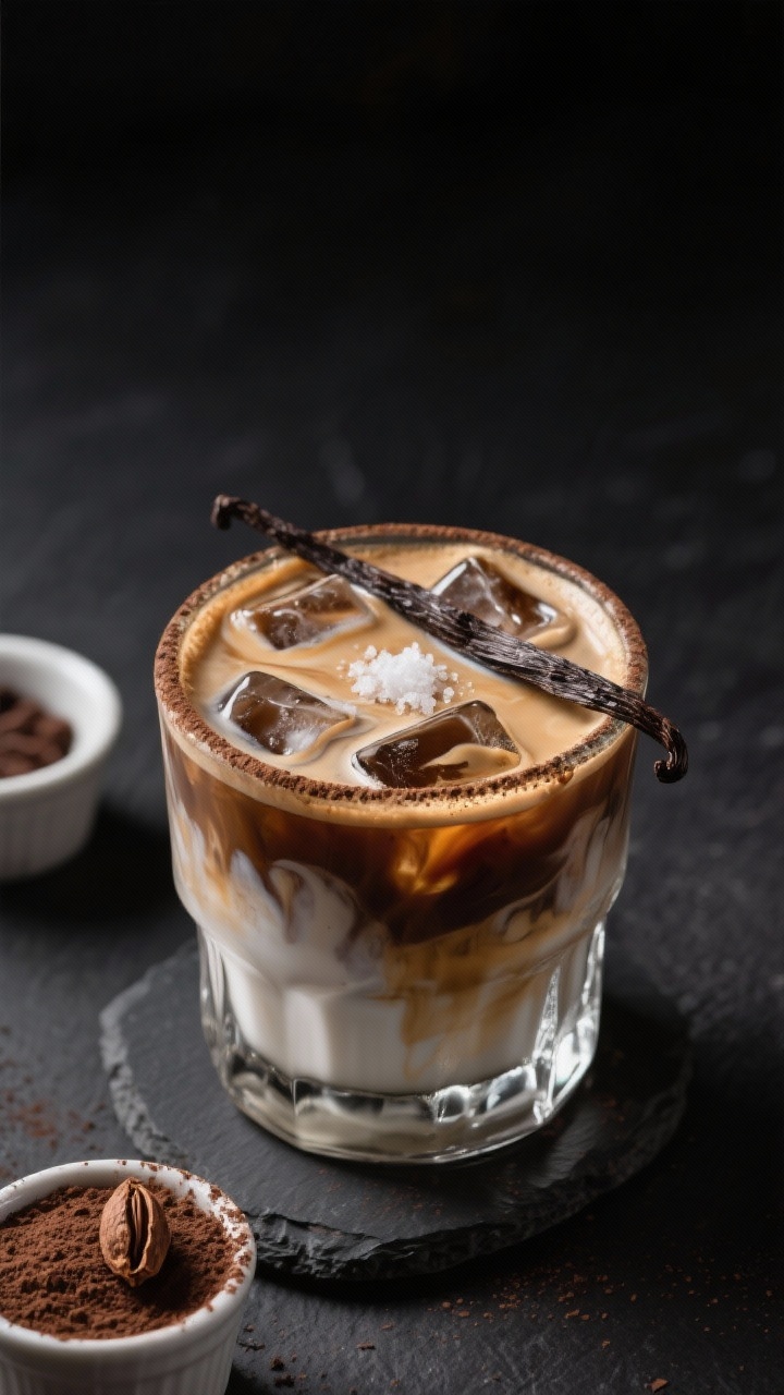 A moody straight-on shot of a creamy cold brew mocha in a rocks glass: layers of cold brew coffee, cocoa and sugar dissolved, milk swirled in with visible marbling, a microfoam top, vanilla notes suggested by a pod on the surface, a tiny pinch of salt in a ramekin; ice cubes glistening, chocolate dust on the rim, dark slate background for a ridiculously smooth vibe.