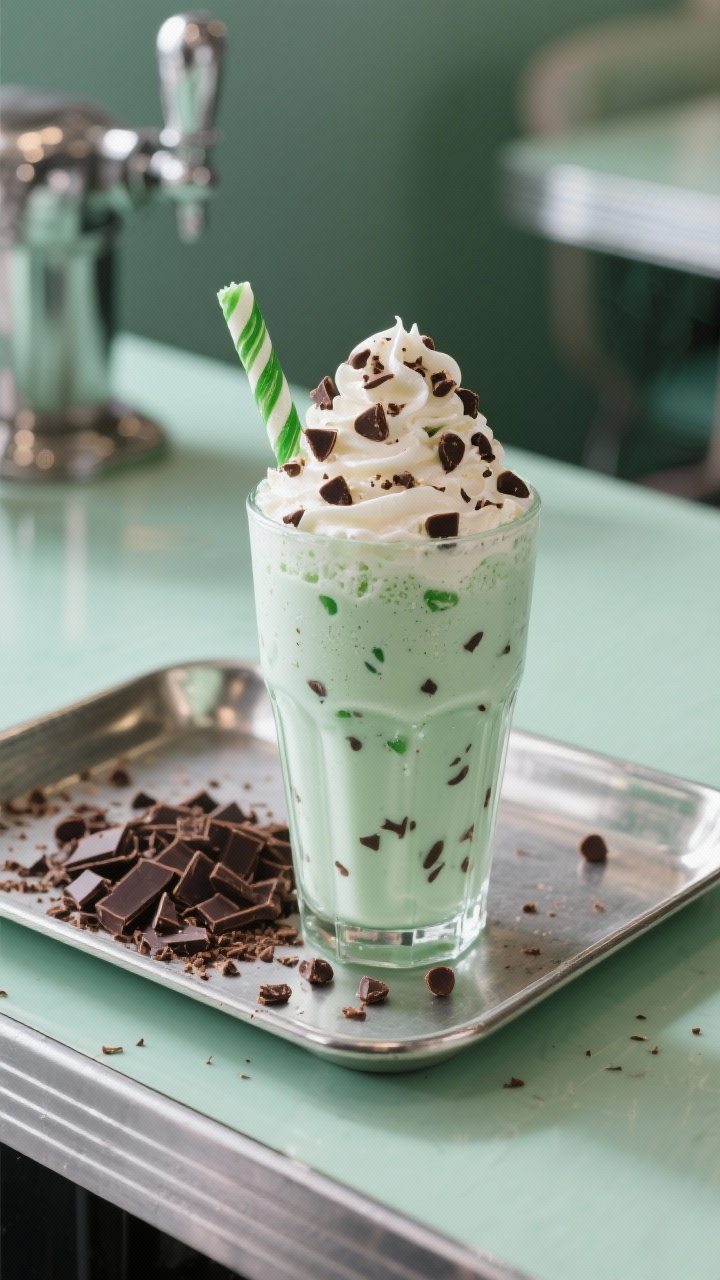 A nostalgic straight-on milkshake bar scene: a classic mint chocolate chip milkshake blended from mint ice cream, milk, and peppermint extract, thick and creamy in a soda fountain glass; topped with whipped cream, chocolate shavings, and visible crunchy mini chips throughout; extra chopped dark chocolate sprinkled on the counter, pale green hue popping against a chrome tray.