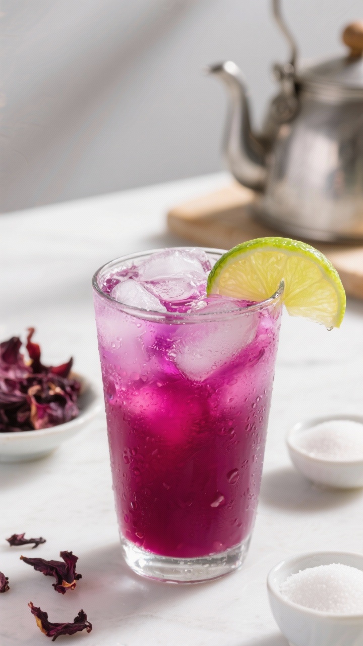 A straight-on, jewel-toned shot of hibiscus lime agua fresca: deep magenta hibiscus tea sweetened and chilled, poured over ice in a clear tumbler, a fresh lime wedge on the rim and droplets on the glass; dried hibiscus petals in a small dish, sugar and kettle in background, bright and tart presentation with clean lines.