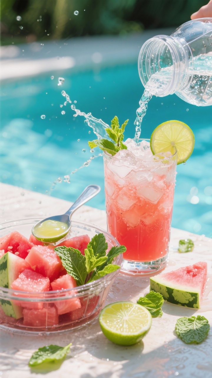 A vibrant overhead flat lay of a watermelon lime cooler assembly: chilled watermelon cubes in a blender jar with fresh lime juice, a teaspoon of agave, mint leaves, and cold sparkling water ready to pour; finished drink in a tall glass with crushed ice, a lime wheel, and mint sprig, watermelon juice splashes and scattered mint for a pool-day feel.