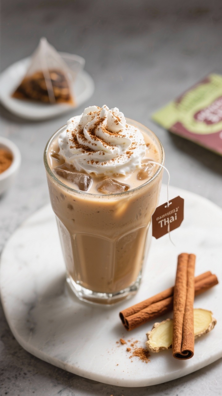 An overhead prep-to-finish scene for an iced chai shake: a glass filled with ice-cold chai (brewed from a chai tea bag), sweetened with brown sugar, blended with milk; topped with a swirl of whipped cream and a generous dusting of ground cinnamon, pinch of ginger on the side; cinnamon sticks and tea bag wrapper included for context.