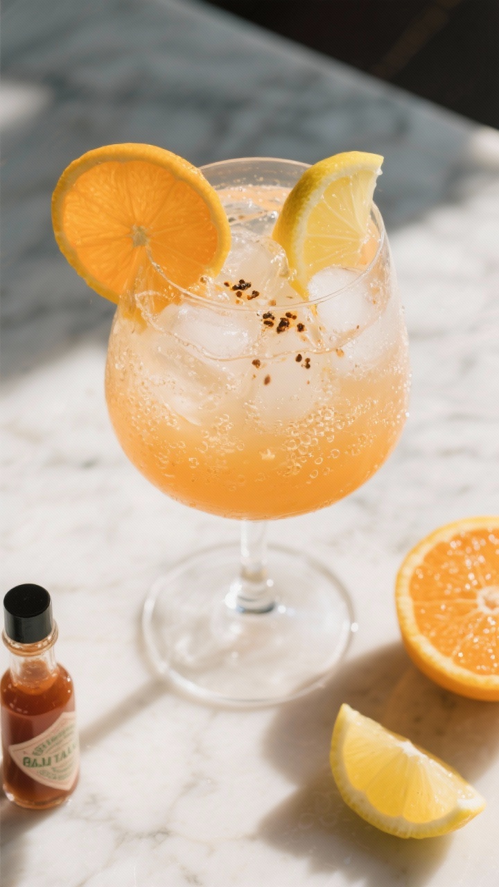 An overhead shot of a zero-proof citrus spritz in a stemless wine glass: fresh orange juice and lemon juice over ice, topped with chilled sparkling water, a few visible dashes of aromatic bitters tinting the drink a soft amber blush, simple syrup sheen, garnished with an orange wheel and expressed lemon twist; placed on a sunlit marble surface with a small bitters bottle and citrus halves nearby, bubbles sparkling, bright afternoon mood.