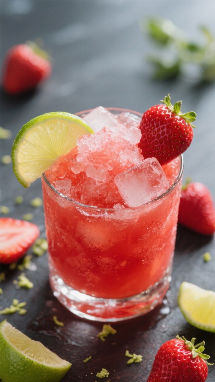 An overhead slush shot of strawberry limeade: a frosty, ruby-red blend of strawberries, fresh lime juice, sugar, ice, and cold water in a clear glass, thick icy texture mounded above the rim; garnished with a lime wedge and a fresh strawberry, scattered strawberry tops and lime zest around for peak-summer energy.