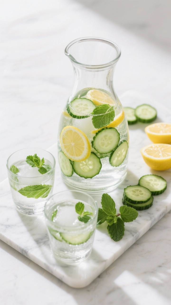 An overhead spa-inspired ingredient shot: a clear carafe of cucumber mint water with 6–8 cucumber rounds, 3 lemon slices, and 6–8 mint leaves immersed in 2 cups of cold water over ice; additional cucumber, lemon, and mint neatly arranged on a white marble board, clean, crisp, and refreshing hotel-spa mood.