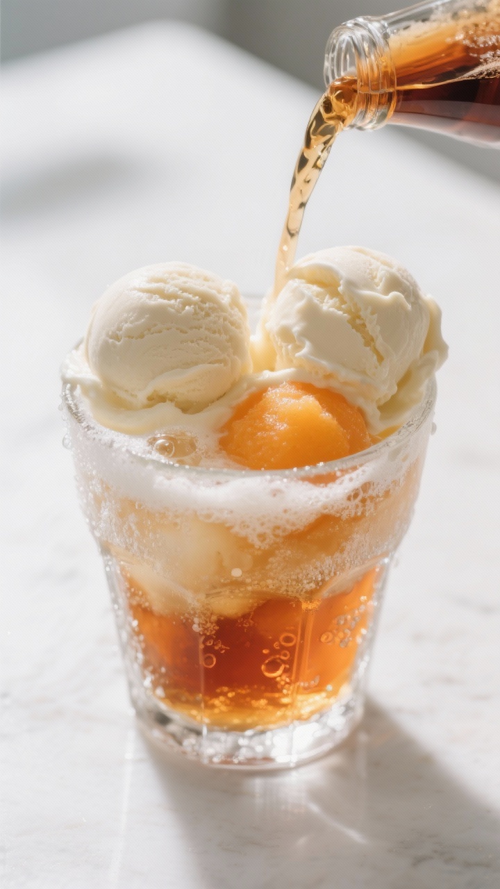 Close-up detail: A chilled float glass just removed from the freezer with two rounded scoops of slig