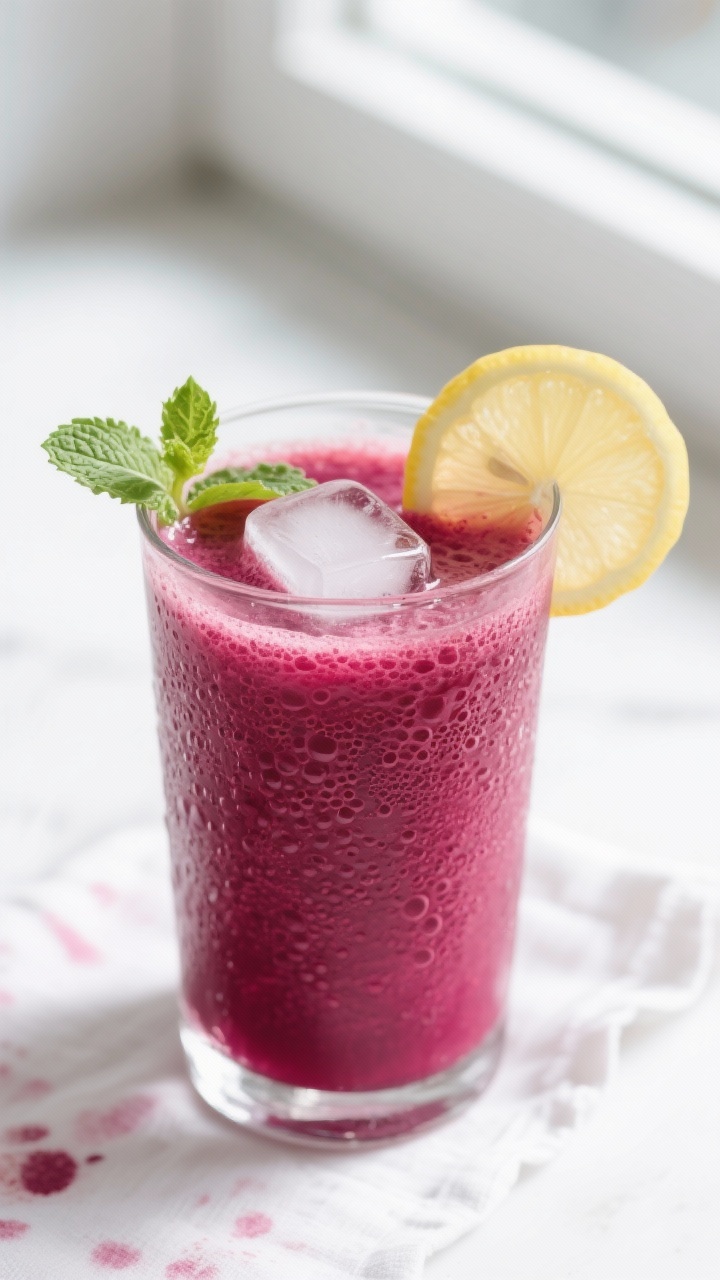Close-up detail: A chilled glass of Beet & Carrot Energy Boost Juice just after straining, vivid rub