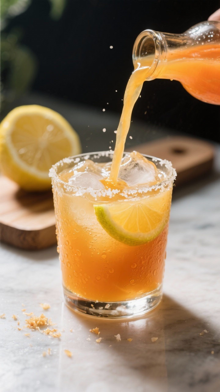 Close-up detail: A chilled glass of carrot-apple digestive juice being poured from a narrow spout in