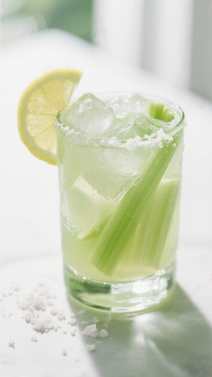 Close-up detail: A chilled glass of celery–green apple juice poured over clinking ice, pale green 
