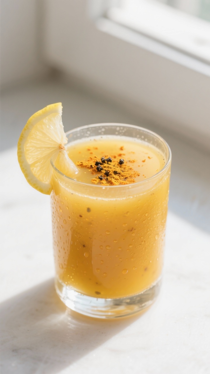 Close-up detail: A chilled glass of Golden Pear Anti-Inflammatory Juice just after straining, glowin